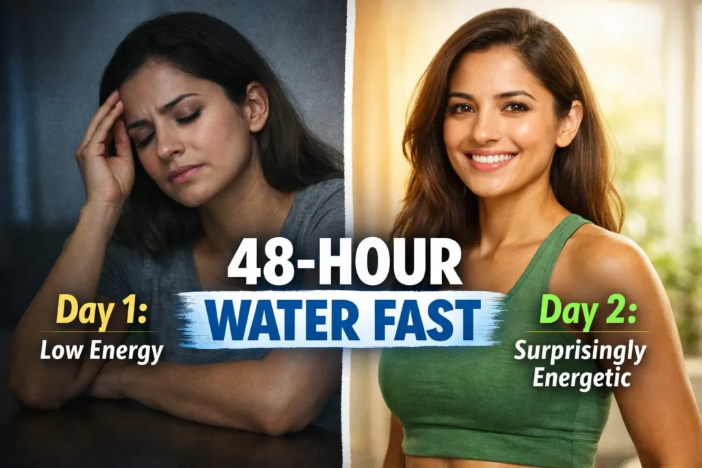 48-hour water fast results showing day 1 low energy vs day 2 high energy transformation