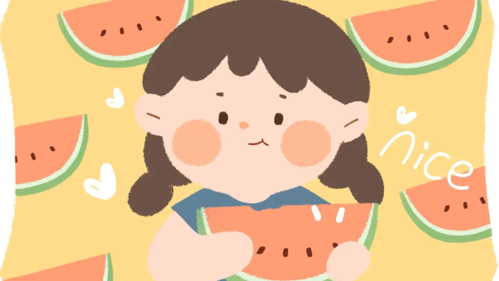 a cute little girl eating watermelon with hands and mouth full