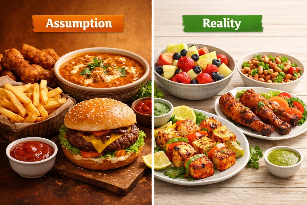 Comparison of unhealthy fried food and healthy eating out options like paneer tikka and fruit salad.