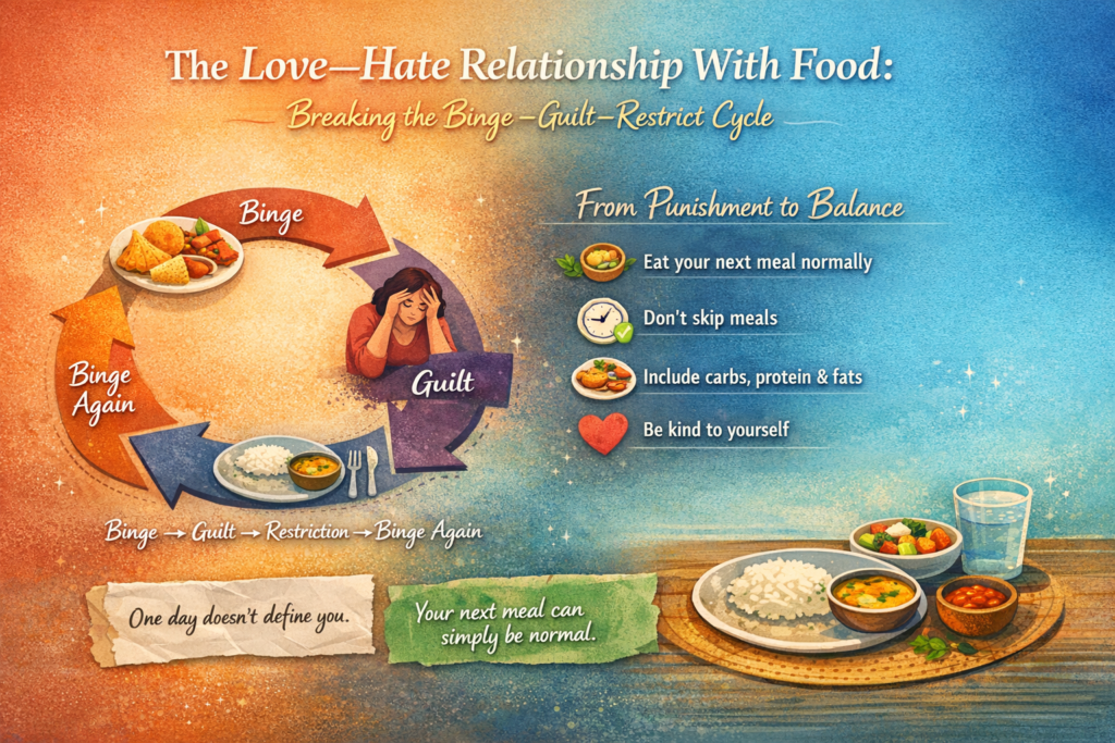 Illustration showing binge, guilt, and restriction cycle with healthy eating tips