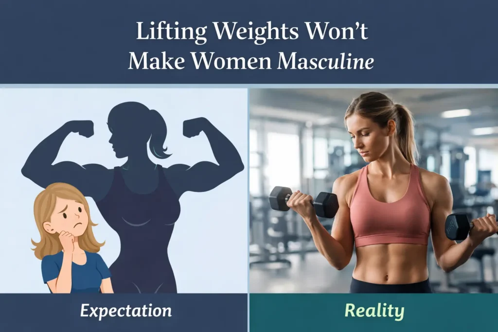 Woman lifting dumbbells in a gym showing that strength training helps women build strength and tone rather than becoming bulky.