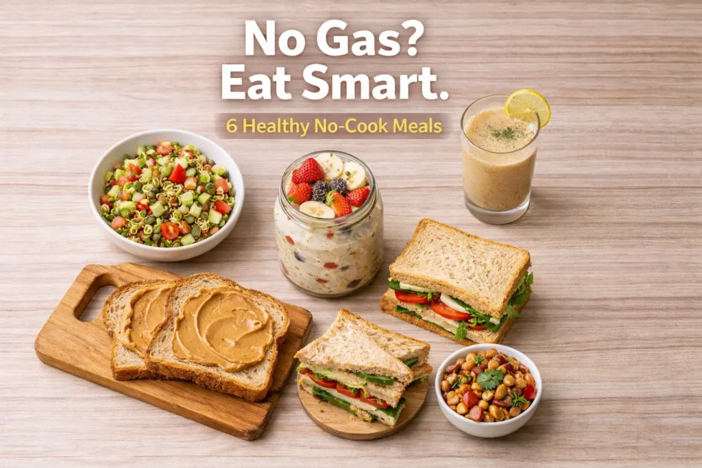A flat lay of healthy no-cook meals including sprout salad, overnight oats, peanut butter bread, vegetable sandwich, sattu drink, and peanut chaat.