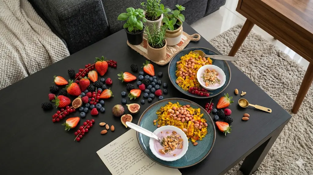A table with two balanced meal bowls topped with beans and vegetables, surrounded by fresh berries, nuts, figs, and small potted herbs.