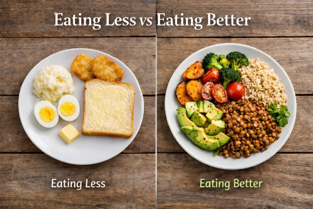 Two plates comparing eating less versus eating better, showing a small meal with bread, butter, eggs, hash browns and mashed potatoes beside a balanced plate with lentils, rice, vegetables and avocado.