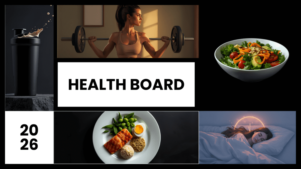 A collage titled "HEALTH BOARD 2026" featuring symbols of a healthy lifestyle: a protein shaker with liquid splashing, a person lifting a barbell, a fresh salad bowl, a plate of salmon with quinoa and vegetables, and a person sleeping peacefully with a glowing clock overlay.