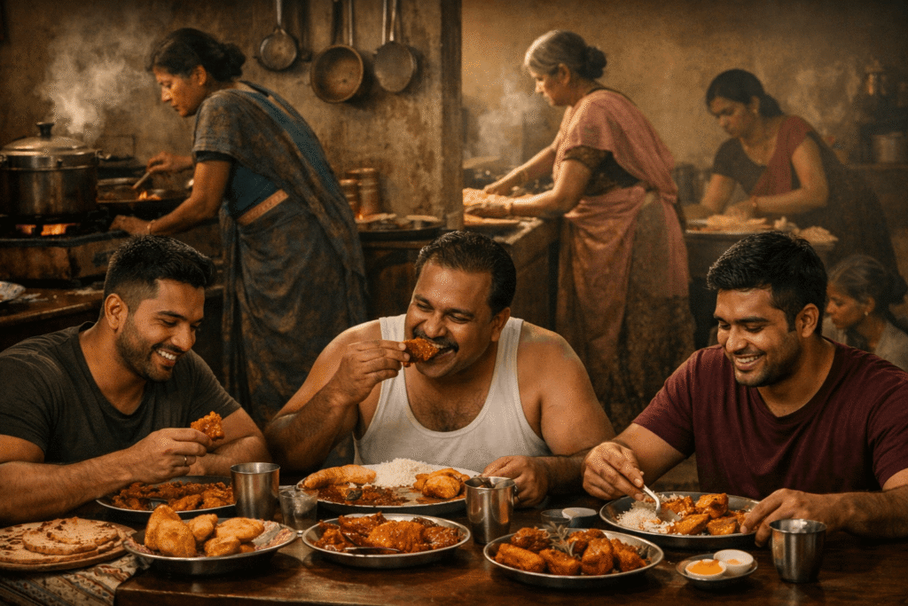 Three well-built men enjoy a lavish meal at a dining table while three frail women cook in a dimly lit kitchen behind them, highlighting gendered disparities in food access and physical health.