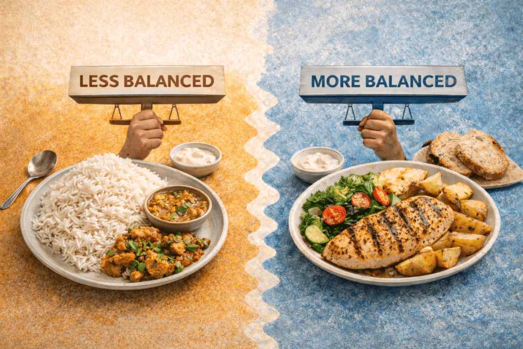 Side-by-side comparison of a typical Indian meal with large rice portions and small lentil serving versus a Western meal with grilled chicken, vegetables, and potatoes showing a more protein-balanced plate.