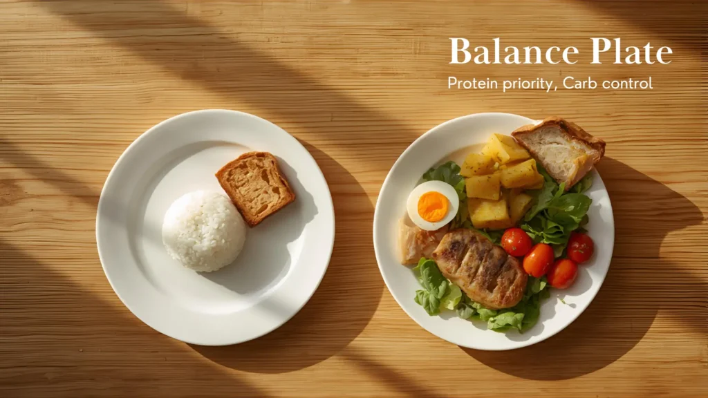 Two plates on a wooden table comparing meal composition: the left plate has white rice and a small piece of bread (carb-heavy), while the right plate shows a balanced meal with grilled chicken, boiled egg, roasted potatoes, leafy greens, and cherry tomatoes, labeled “Balance Plate – Protein priority, Carb control.”