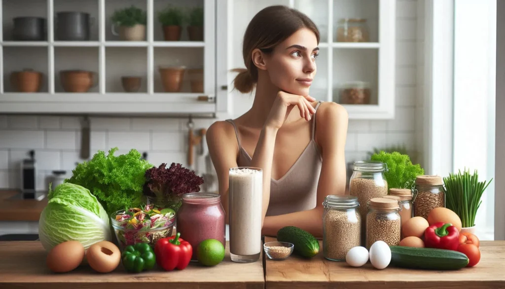 Woman comparing protein shake with whole foods like vegetables, eggs, and grains in a healthy balanced diet setup