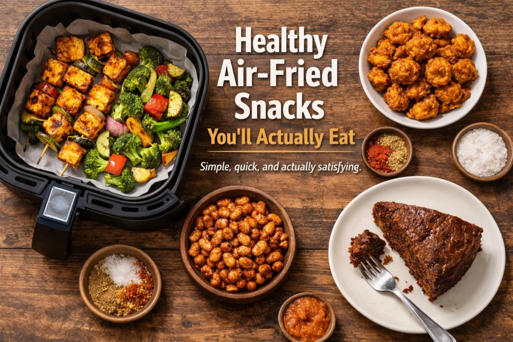 Healthy air fryer recipes including paneer tikka, roasted vegetables, peanuts, pakode, and dates cake