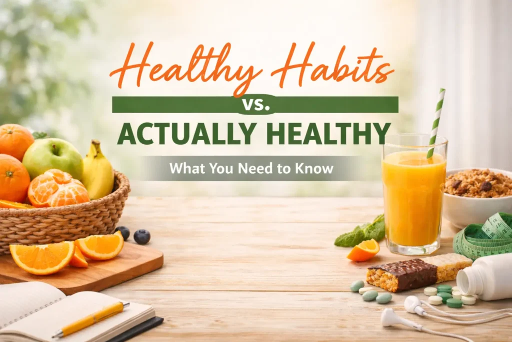 Healthy habits vs actually healthy concept with orange juice, fruits, granola, and everyday food choices on a kitchen table