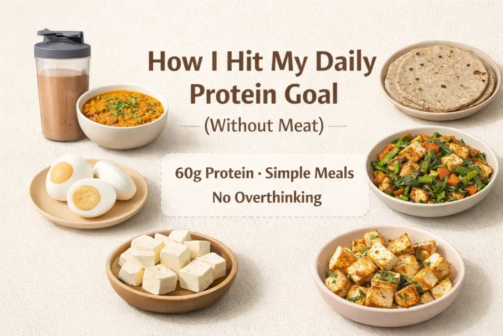 High protein vegetarian Indian meal with eggs, paneer, dal, and roti