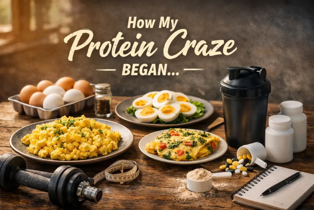 Protein-rich breakfast with eggs in multiple forms alongside fitness supplements and dumbbells, representing a high-protein diet lifestyle