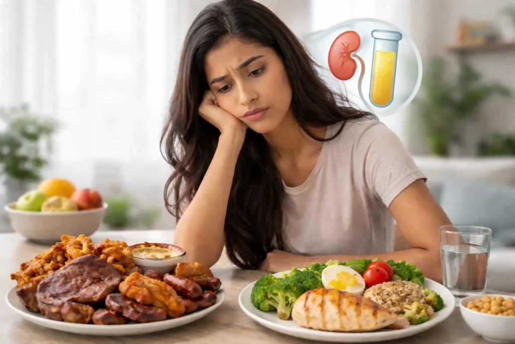 Concerned woman comparing a high meat protein diet with a balanced meal, highlighting potential impact on urea levels and kidney health