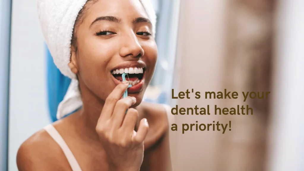 Woman flossing her teeth in front of a mirror to maintain dental hygiene and prevent tooth loss.