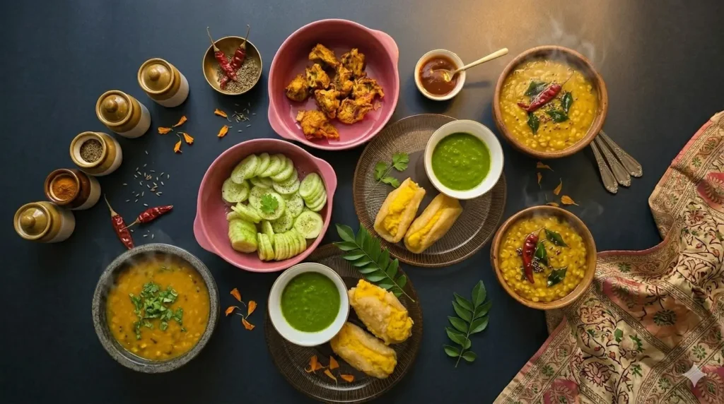 Indian meal with dal, chutney, pakoras, cucumber salad, and traditional spices showcasing a balanced yet carb-rich dish