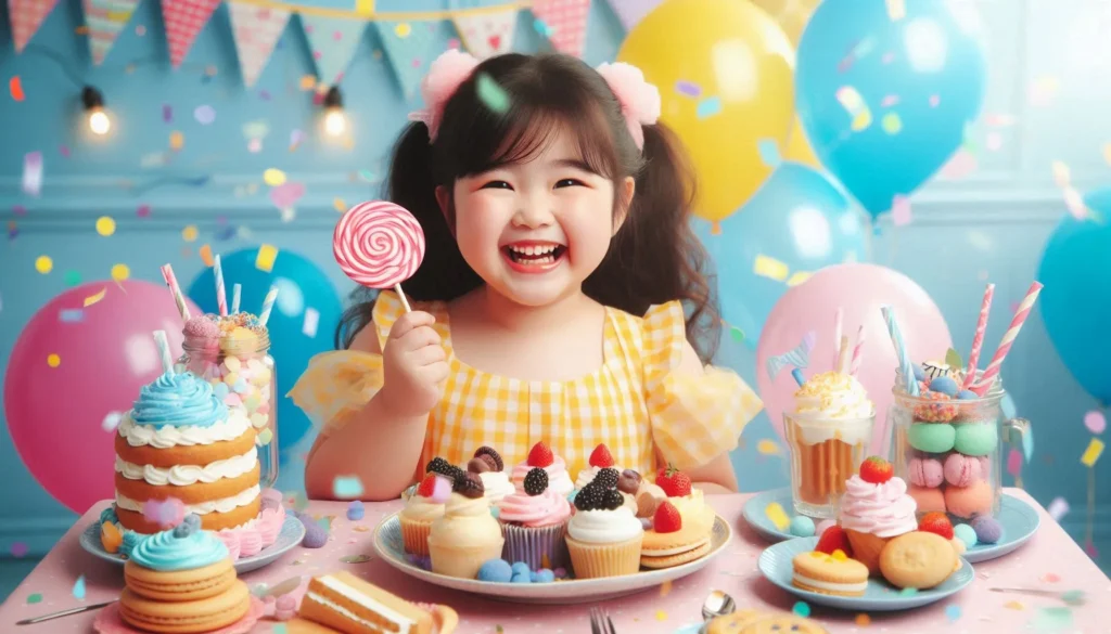 A child in a yellow checkered dress sits at a festive table filled with colorful desserts, holding a pink and white lollipop, surrounded by balloons, bunting, and confetti.