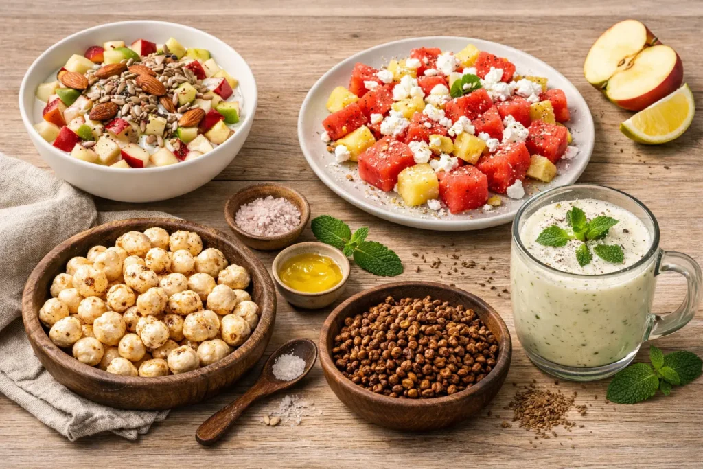 bowl of healthy homemade snacks including fruits makhana and chaas