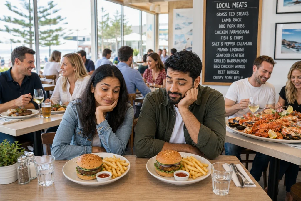 A vegetarian couple sitting in a bright Australian restaurant with simple veggie burgers and fries while nearby diners enjoy large seafood and meat dishes.