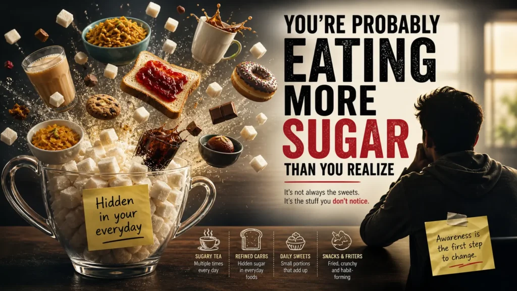 Conceptual illustration showing tea, bread, snacks, and sweets floating out of a cup filled with sugar cubes, highlighting hidden sugar in a typical Indian diet