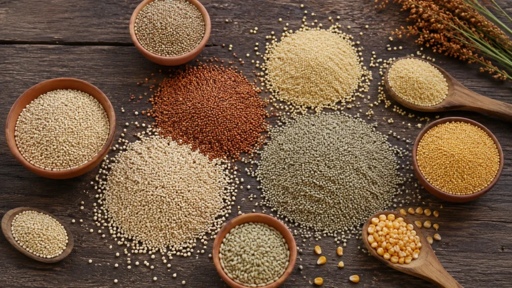 Top-down view of assorted millet grains including jowar, bajra, and maize spread across a rustic wooden table in small bowls and piles.