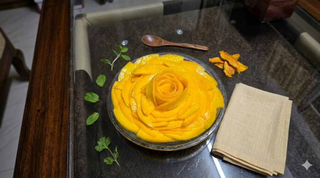 Healthy no-bake eggless mango cheesecake topped with layered fresh mango slices arranged in a rose pattern