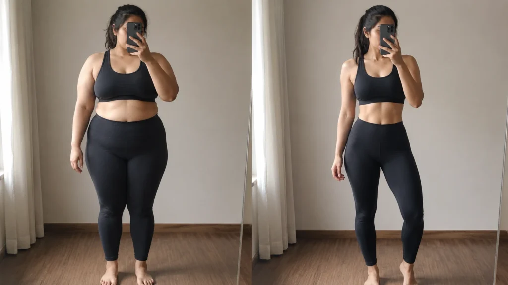 Before and after weight loss transformation of a young woman showing significant fat loss through a balanced diet and consistent fitness routine.