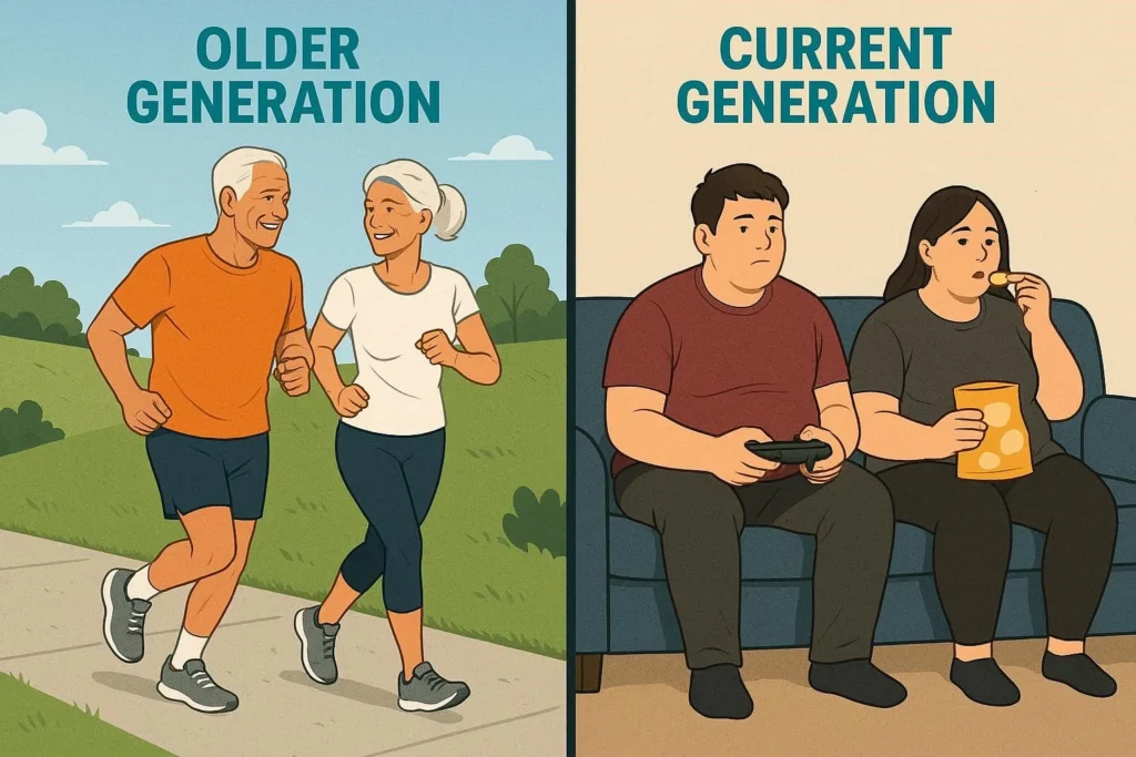 Illustration comparing an active older generation jogging outdoors with a sedentary current generation sitting on a couch eating snacks and using screens.