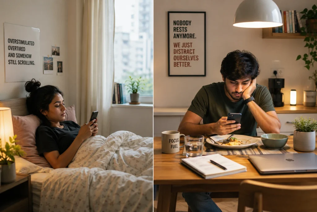 Two people in separate indoor settings scroll on their phones — one lying in bed and another sitting at a dining table — symbolizing modern burnout, digital distraction, and emotional exhaustion.