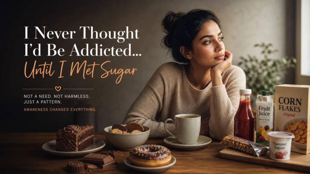 woman sitting with tea and common foods reflecting on sugar consumption and daily habits