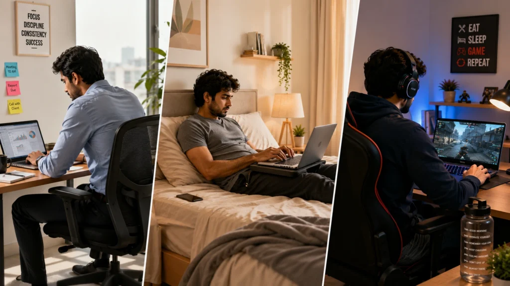 A young man shown in three different settings: working long hours at an office desk, using a laptop while lying on a bed, and gaming on a laptop, highlighting the sedentary lifestyle and its impact on posture and back health.