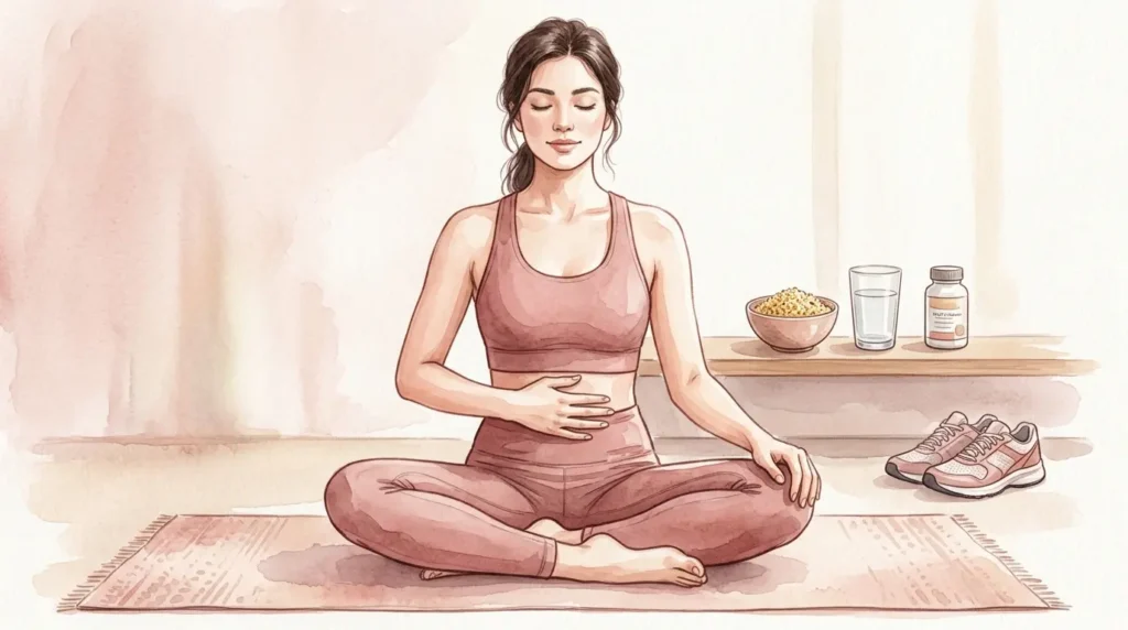 A watercolour illustration of a woman in workout clothes sitting cross-legged on a yoga mat with one hand on her abdomen, surrounded by a bowl of millets, a glass of water, a multivitamin bottle, and a pair of running shoes.