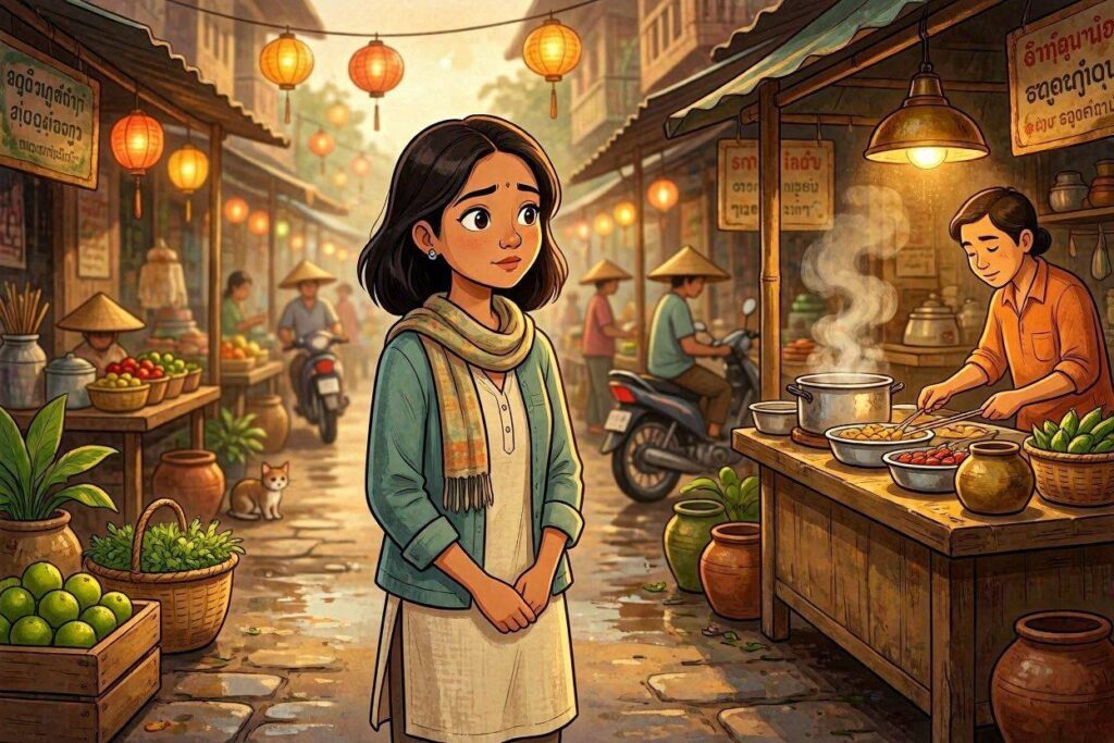 A thoughtful young woman standing in a vibrant Vietnam street market, surrounded by food stalls and warm lantern lights