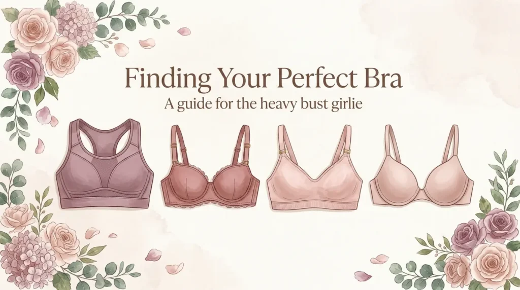 Flat-lay illustration of four heavy bust bras (sports, lift-up, wireless, and t-shirt) in mauve and blush pink on a warm off-white background with watercolor floral corners and text reading "Finding Your Perfect Bra: A guide for the heavy bust girlie."