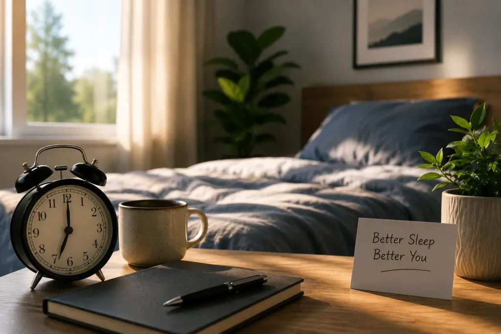 A cozy, softly lit bedroom with a neatly arranged bed and warm lighting, representing sound sleep and a peaceful night routine