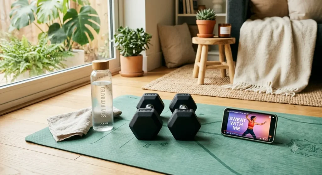 A pair of black dumbbells and a yoga mat for home weight training loss, with a water bottle and phone playing a workout video, in a bright living space with indoor plants.