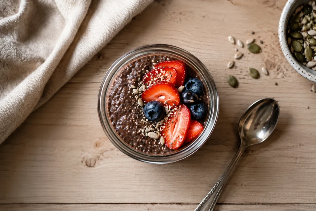 Overhead view of high protein chocolate chia seed pudding topped with fresh strawberries, blueberries, and mixed seeds in a glass jar.
