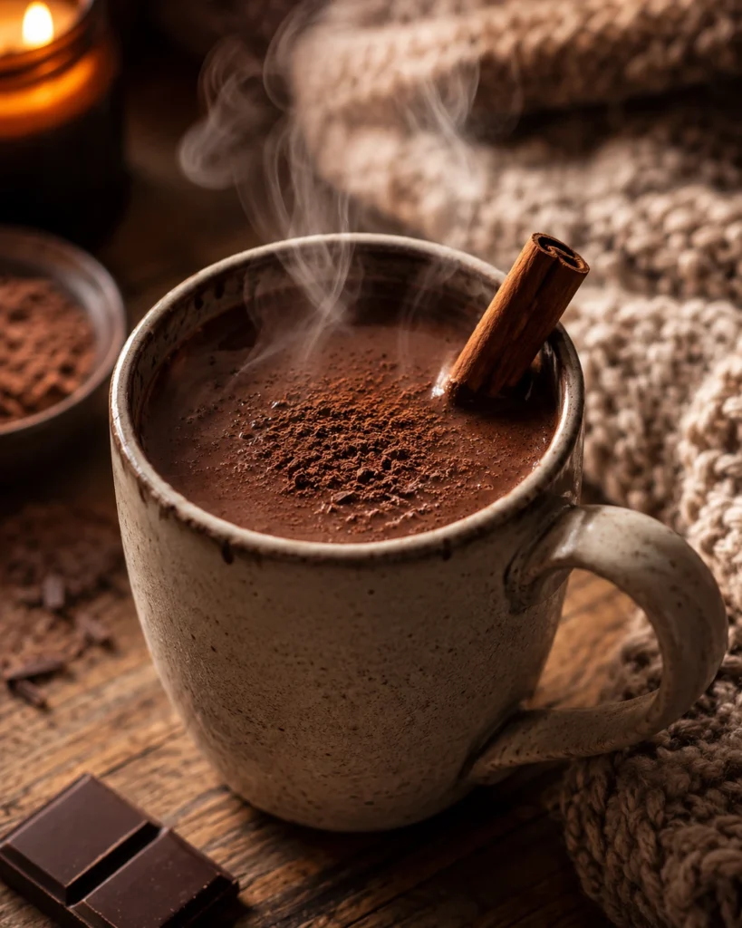 Steaming mug of high protein dark hot chocolate topped with cocoa powder and a cinnamon stick on a cozy wooden table with a knitted blanket in the background.