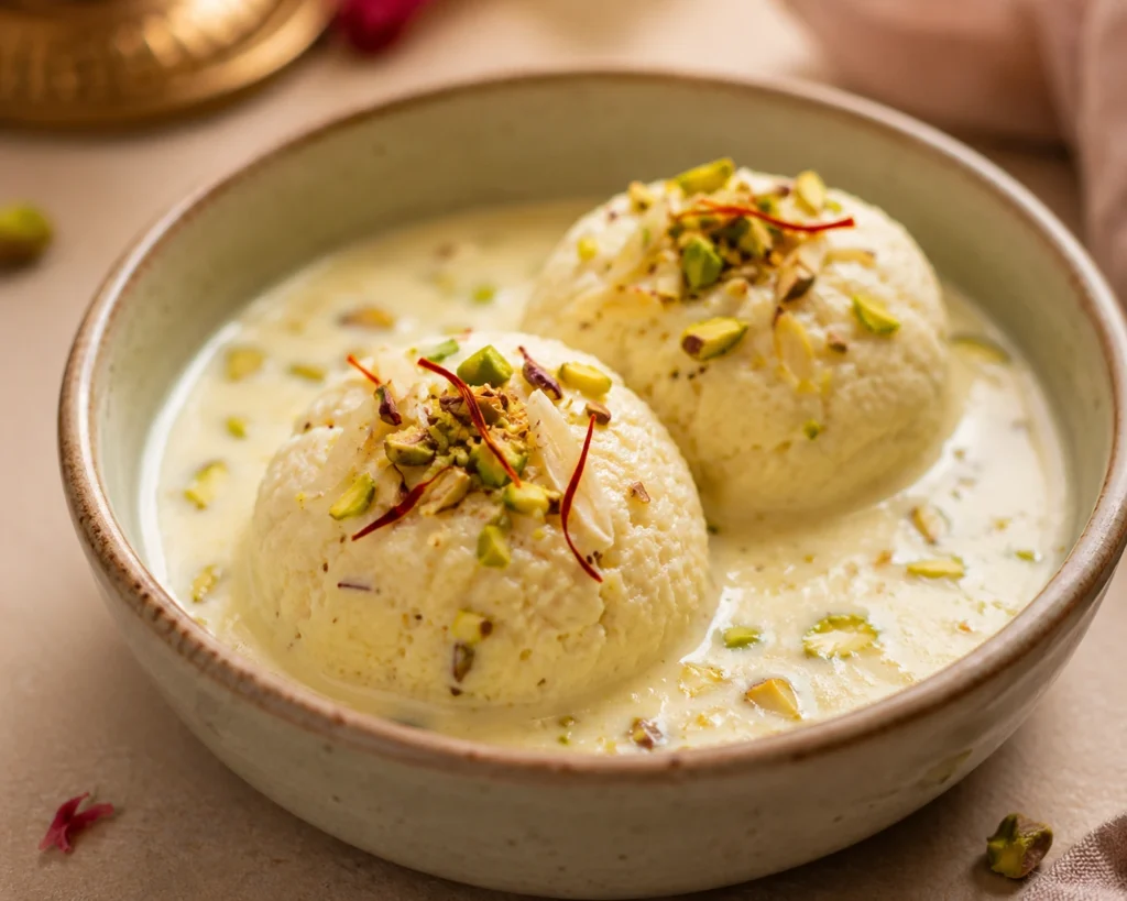 Two soft rasmalai balls served in high protein and creamy pista-badam milk, garnished with chopped pistachios, almonds, and saffron strands.