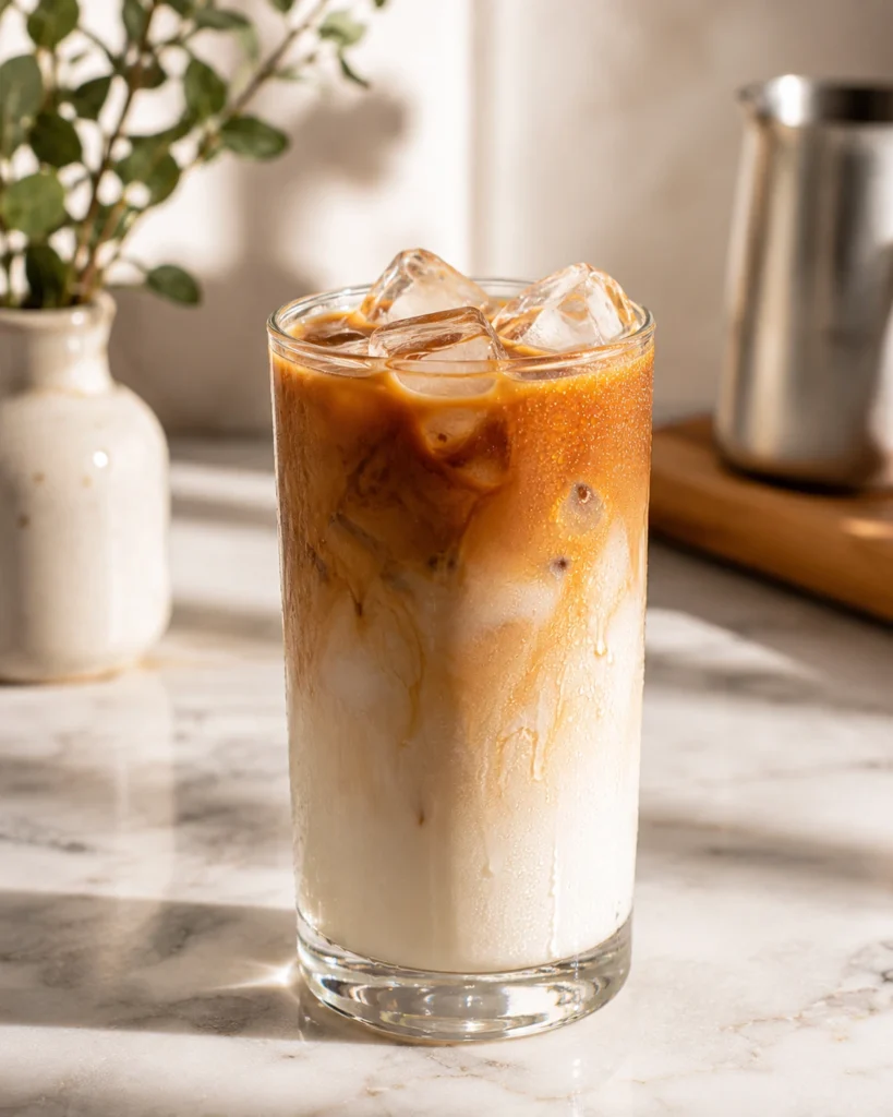 Tall glass of layered high protein iced latte with espresso, milk, ice cubes, and condensation on a marble countertop in soft morning light.