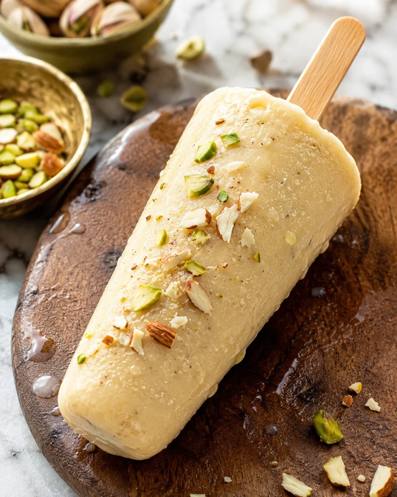Golden high protein kulfi on a wooden stick topped with crushed pistachios and almonds, resting on a rustic wooden board with visible condensation droplets.