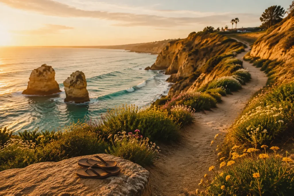 A sunlit coastal walking path winds along rugged sandstone cliffs above turquoise ocean water during golden hour. Wildflowers and coastal shrubs line the narrow trail, while a pair of sandals rests on a rock in the foreground. Gentle waves roll below, and the path leads toward the distant horizon under warm, nostalgic light.