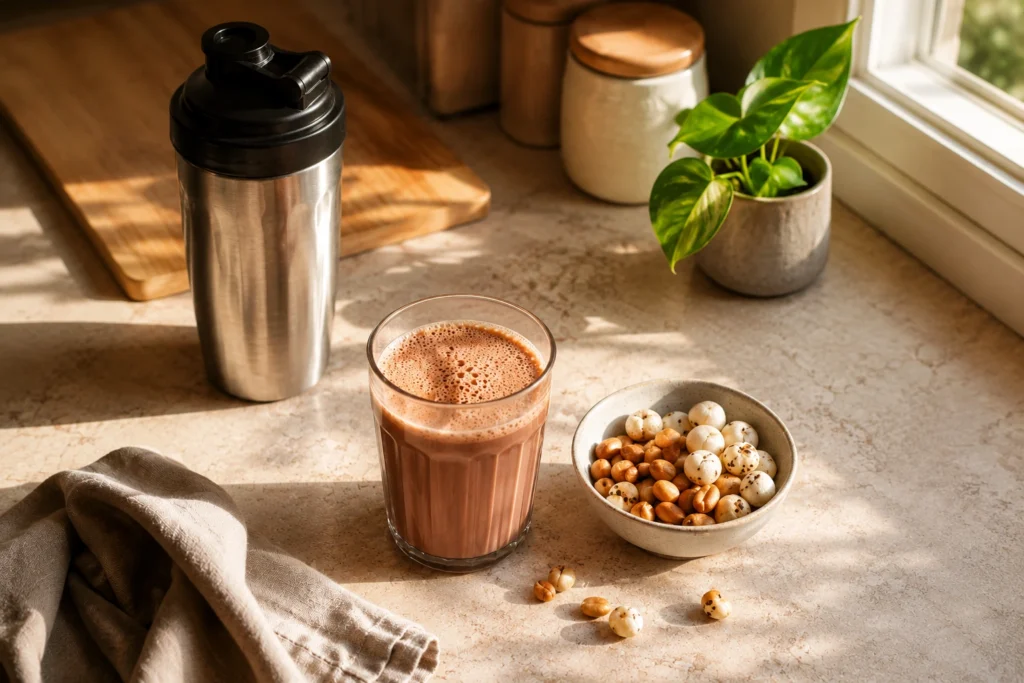 Glass of chocolate protein shake served beside a bowl of roasted makhana and peanuts, with a stainless steel shaker bottle on a sunlit kitchen countertop.