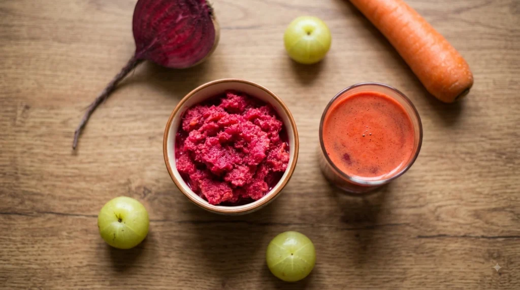 A flat-lay photograph on a wooden surface, showing a glass of vibrant red ABC juice next to a ceramic bowl of thick pink pulp. A whole carrot, three whole amla (gooseberries), and a halved beetroot are scattered around.