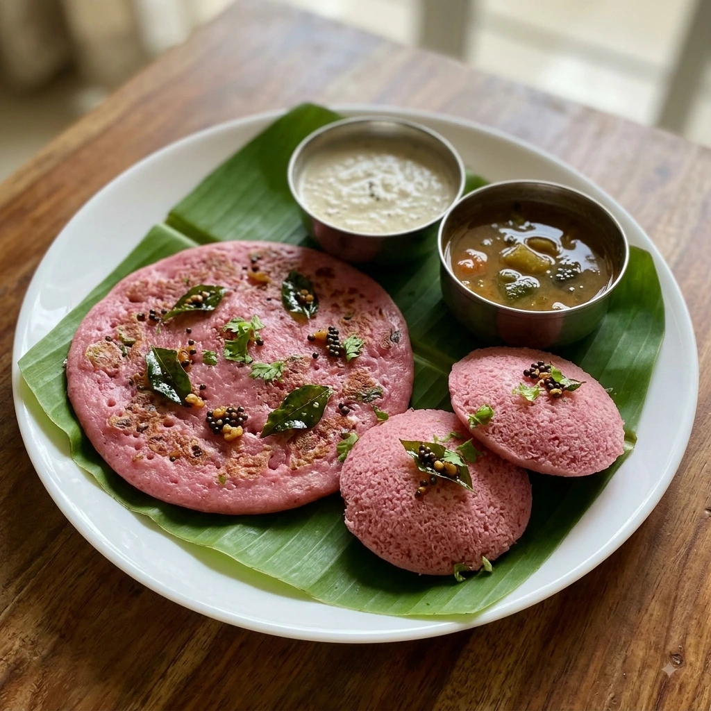 A top-down photograph of a South Indian meal served on a banana leaf which is placed on a white ceramic plate. A round, pink beetroot uttapam, seasoned with mustard seeds, curry leaves, and coriander, is on the left. Two small, fluffy, pink beetroot idlis are on the right. A small steel bowl of sambar and a small steel bowl of coconut chutney are at the top.