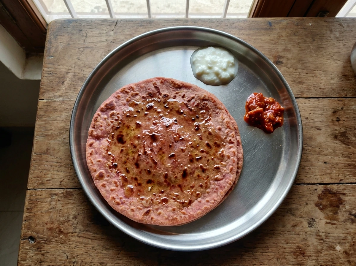 A top-down photograph of a single, round, pink-brown beetroot paratha on a round steel plate. The paratha is glistening with melted ghee and has darker, charred spots. A large dollop of thick white curd is placed directly on the paratha, and a small spoonful of bright red-orange pickle is on the side.