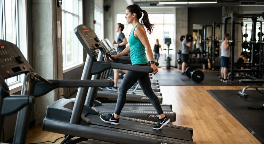Woman in a teal tank top walking on an incline treadmill at the gym