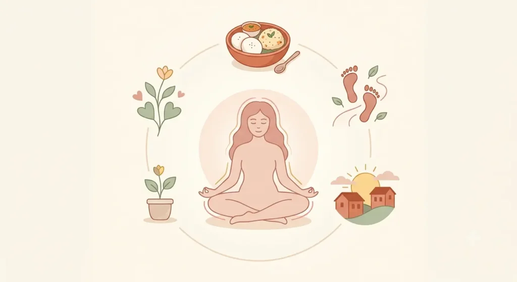 A minimalist flat-design illustration featuring a woman sitting cross-legged in a peaceful meditation pose inside a glowing circular outline. Surrounding her in a gentle ring are four pastel wellness icons: a bowl of home-cooked food (idli and upma), footprints with floating leaves, a rising sun over rooftops, and potted plants. Rendered in warm terracotta, blush pink, sage green, and cream tones.