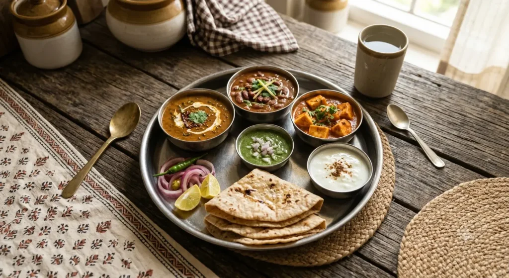 A top-down view of a traditional Indian thali on a rustic wooden table, featuring bowls of dal, rajma, paneer curry, and curd, accompanied by warm rotis and chutneys.